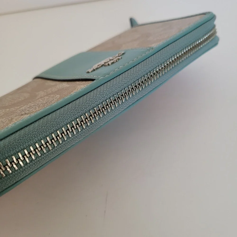 Coach Signature Accordion Zip Wallet Khaki Teal Monogram Canvas Long Wallet